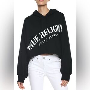 Women’s True Religion Bold Logo Black Cropped Hoodie Size Large